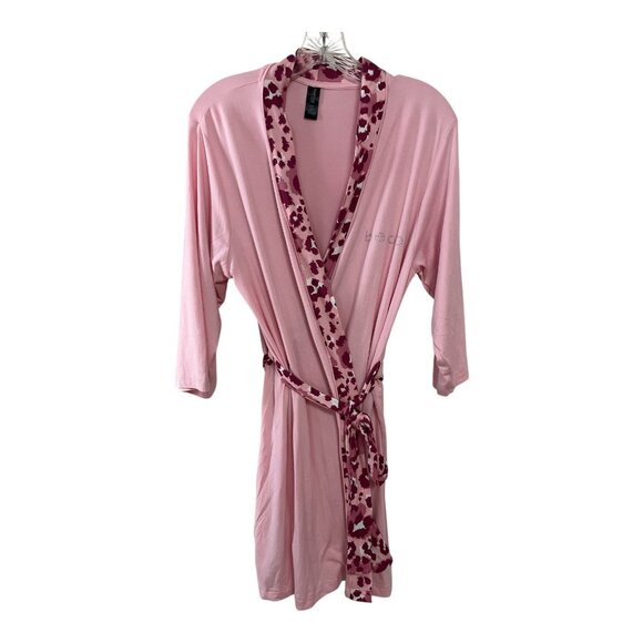 Bebe Pink Sleepwear Robe with Floral Trim and Rhinestone Logo – Size L - Picture 1 of 5